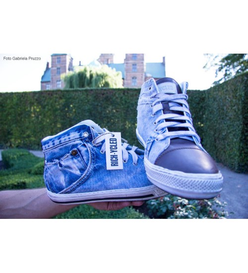  Handmade sneaker blue denim and brown leather.